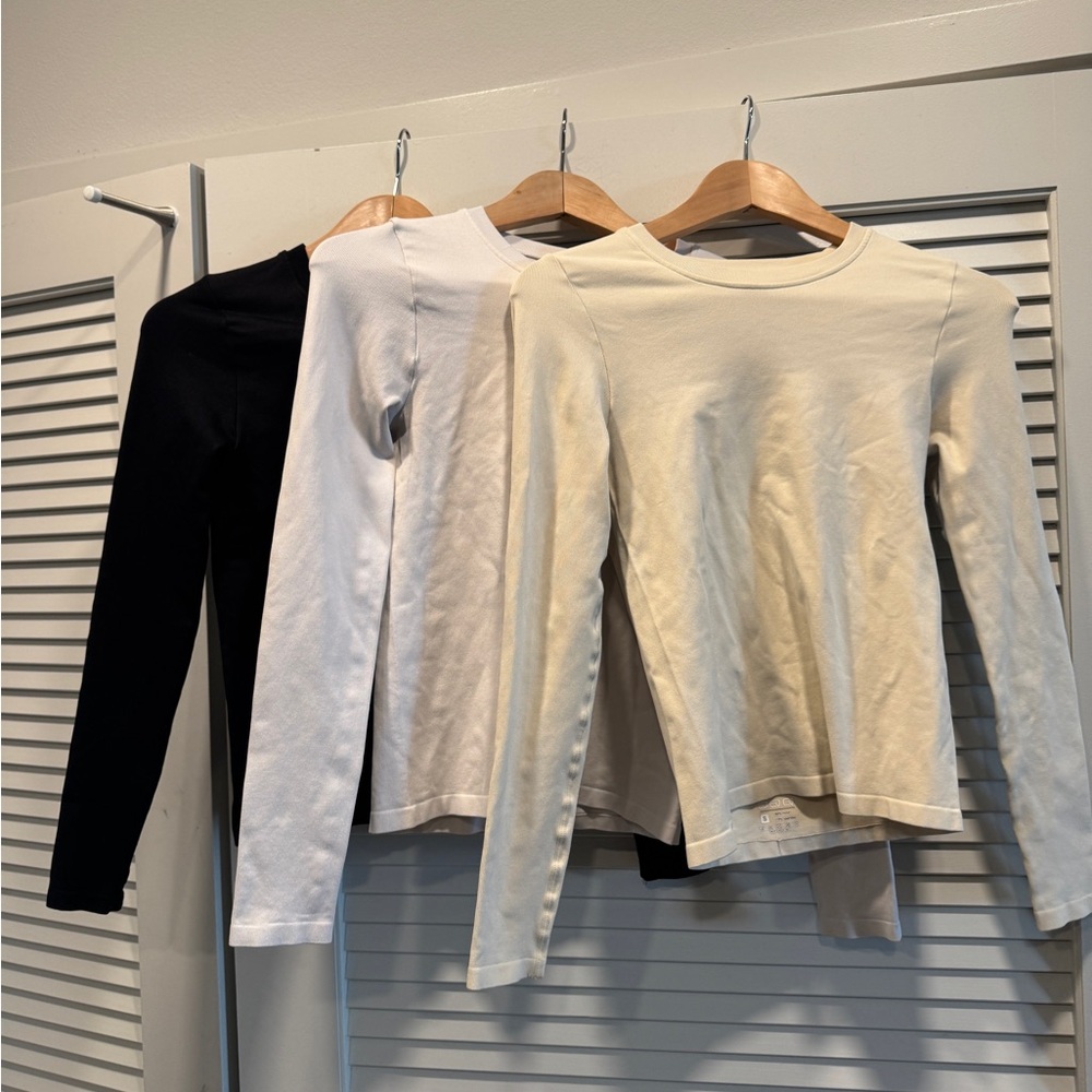 Long Sleeve Crew Neck Tops - Black, White, Cream